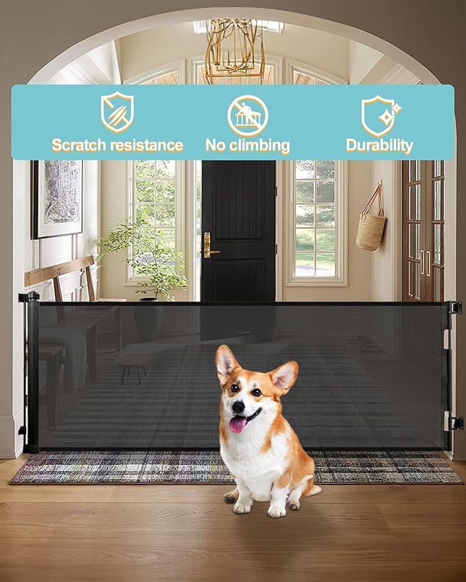 Retractable Baby Gate for Stairs – 33” Height, Expands up to 118” Width – Safety Gate for Infants, Toddlers, Dogs & Pets – Easy Install, Secure Closure, Black Mesh Design for Indoor & Outdoor Use