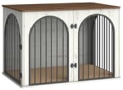 Hzuaneri 44.1" Wooden Dog Crate Furniture, Indoor Dog Kennel Dogs Cage for Small/Medium/Large Dogs, Heavy Duty Dog Crates Decorative Pet House End Side Table TV Stand, White Brown DFC83914B