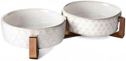 LE TAUCI Dog Bowl Set with Acacia Wood Stand - 1.5-Cup Ceramic Puppy Bowls for Small Dogs, Dual Food and Water Bowls with Weighted Non-Slip Base