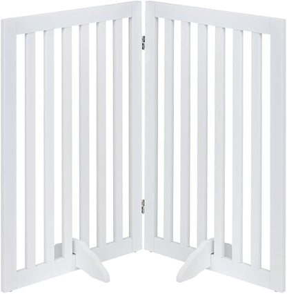 unipaws 36”H Free Standing Pet Gate for Dog and Cat, Wooden Dog Gates for Doorway, Stairs, Room Divider, Step Over Foldable Pet Fence for The House, Expandable Barrier, Indoor Use, White