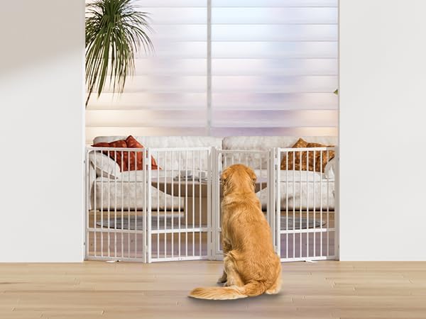 SNUOWU Full Metal Freestanding Dog Gate with Door, 32''Height Foldable Pet Dog Fence for Indoor & Outdoor, 4 Panels Extra Wide Free Standing TallDog Gates for Doorways,House,Stairs,Porch,Deck,Yard