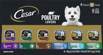 Cesar Classic Loaf in Sauce Adult Wet Dog Food Poultry Lovers Variety Pack with Real Chicken,Turkey or Duck,3.5 oz Easy Peel Trays,36 Count (Pack of 2)