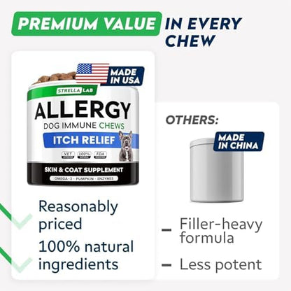 STRELLALAB Dog Allergy Relief & Anti Itch Support Chews w/Omega 3: Real Ingredients, Real Taste! Skin & Coat Immune w/Fish Oil, Pumpkin & Enzymes — Developed by Experts - Made in USA - 60Ct