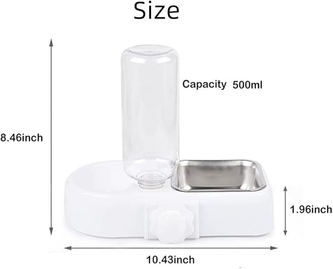 Cage Double Bowls, Crate Hanging, Dog Cat Bowl with Automatic Water Dispenser Bottle, Water and Food Bowl Set with Detachable Stainless Steel Bowl, Bird Pet Dog Cat Food Water Feeder (White)