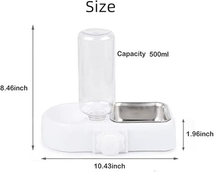 Cage Double Bowls, Crate Hanging, Dog Cat Bowl with Automatic Water Dispenser Bottle, Water and Food Bowl Set with Detachable Stainless Steel Bowl, Bird Pet Dog Cat Food Water Feeder (White)