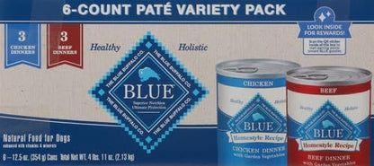 Blue Buffalo Homestyle Recipe Adult Wet Dog Food,Made with Natural Ingredients,Chicken and Beef Dinner Variety Pack,12.5-oz Cans,(Pack of 12)