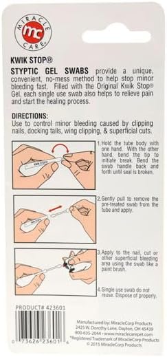Miracle Care Kwik Stop Styptic Gel Swabs for Dogs, Cats and Birds, 3 Single Use Applicators, Fast Acting Blood Stop with Pain Relieving Benzocaine