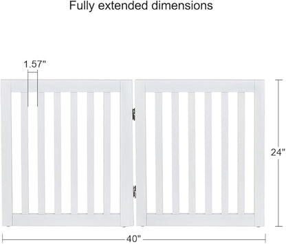 unipaws 24”H Free Standing Pet Gate for Dog Cat, Wooden Dog Gates for Doorway, Stairs, Step Over Foldable Pet Fence for The House, Expandable Doggy Barrier, Indoor Use, White