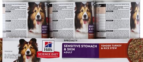 Hill's Science Diet Sensitive Stomach & Skin,Adult 1-6,Stomach & Skin Sensitivity Support,Wet Dog Food,Turkey-& Rice Stew,12.5 oz Can,(Pack of 24)