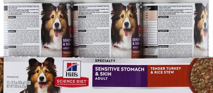 Hill's Science Diet Adult 1-6 Sensitive Stomach & Sensitive Skin Wet Dog Food, Tender Turkey & Rice Stew in Gravy, 12.5 oz. Cans, 12-Pack