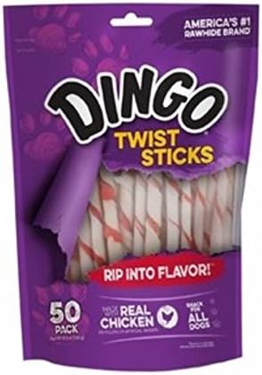 Dingo Twist Sticks Rawhide for Dogs,Made with Real Chicken,50 Count (Pack of 4)
