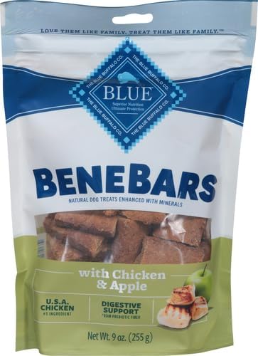 Blue Buffalo BeneBars Digestive Support Dog Treats with Prebiotic Fiber,Made with Natural Ingredients,USA Chicken & Apple,9-oz Bag,(Pack of 2)