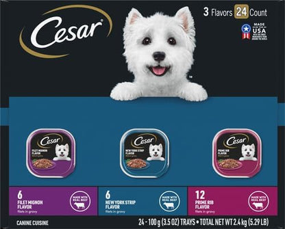 Cesar Filets in Gravy Adult Wet Dog Food Variety Package,Filet Mignon,New York Strip and Prime Rib Flavors,3.5 oz. Easy Peel Trays,Variety Pack,24 Count (Pack of 2)