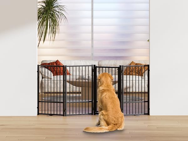 SNUOWU Full Metal Freestanding Dog Gate with Door, 32''Height Foldable Pet Dog Fence for Indoor & Outdoor, 4 Panels Extra Wide Free Standing TallDog Gates for Doorways,House,Stairs,Porch,Deck,Yard