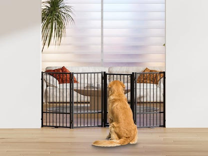 SNUOWU Full Metal Freestanding Dog Gate with Door, 32''Height Foldable Pet Dog Fence for Indoor & Outdoor, 4 Panels Extra Wide Free Standing TallDog Gates for Doorways,House,Stairs,Porch,Deck,Yard