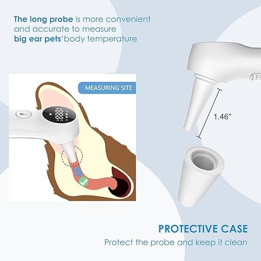 Pet Ear Thermometer for Dogs, Cats, and Livestock, Long Probe Designed, ℃/ ℉ Convert and Sound Switch Dedicated Button, 1 Second Measurement, 20 pcs Pet Swabs Included(White)