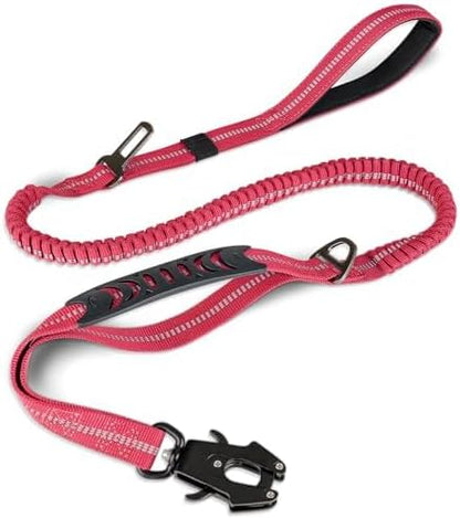 Joytale Tactical Dog Leash Heavy Duty, 4-6FT Shock Absorbing Bungee Lead with 2 Padded Handle, Metal Carabiner Clip, Car Seatbelt, Strong No Pull Leash for Medium Large X-Large Dogs, Hot Pink