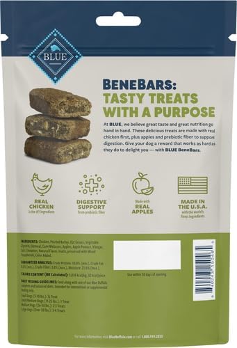 Blue Buffalo BeneBars Digestive Support Dog Treats with Prebiotic Fiber,Made with Natural Ingredients,USA Chicken & Apple,9-oz Bag,(Pack of 2)