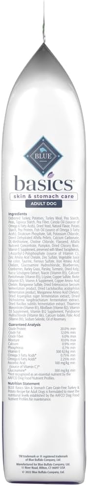 Blue Buffalo Basics Grain-Free Adult Dry Dog Food, Skin & Stomach Care, Limited Ingredient Diet for Dogs, Turkey Recipe, 24-lb. Bag