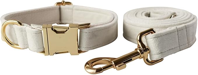 Love Dream Velvet Dog Collar and Leash Set, Soft & Comfy Adjustable Dog Leash and Collar with Heavy Duty Metal Buckle for Small Medium Large Dogs Training & Walking (Large, White)