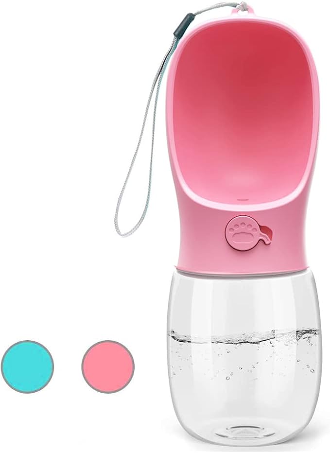 Kalimdor Dog Water Bottle, Leak Proof Portable Puppy Water Dispenser with Drinking Feeder for Pets Outdoor Walking, Hiking, Travel, Food Grade Plastic (12oz Pink)