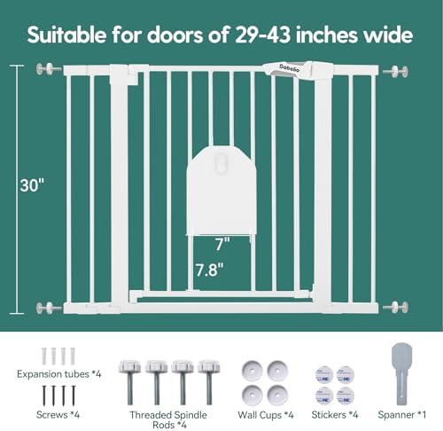 Babelio Auto Close Baby Gate with Cat Door,29-43" Metal Gate for Doorway,Stairs, House,Easy Walk Thru with Pet Door,Includes 4 Wall Cups and 3 Extension Pieces,White