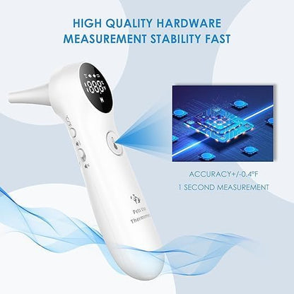 Pet Ear Thermometer for Dogs, Cats, and Livestock, Long Probe Designed, ℃/ ℉ Convert and Sound Switch Dedicated Button, 1 Second Measurement, 20 pcs Pet Swabs Included(White)