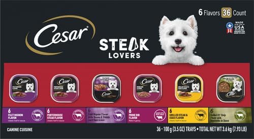 Cesar Wet Dog Food Steak Lovers Variety Pack,Adult,Wet Food for Dogs with Real Meat,3.5 oz Easy Peel Trays,36 Count (Pack of 2)