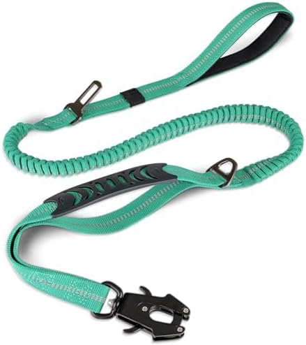 Joytale Tactical Dog Leash Heavy Duty, 4-6FT Shock Absorbing Bungee Lead with 2 Padded Handle, Metal Carabiner Clip, Car Seatbelt, Strong No Pull Leash for Medium Large X-Large Dogs, Teal