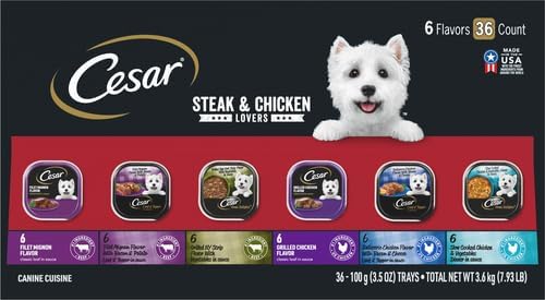 Cesar Wet Dog Food Steak and Chicken Lovers Variety Pack,Adult,Wet Food for Dogs with Real Beef or Chicken,3.5 oz Easy Peel Trays,36 Count (Pack of 2)