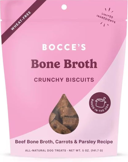 Bocce's Bakery Oven Baked Bone Broth Treats for Dogs, Wheat-Free Everyday Dog Treats, Made with Real Ingredients, Baked in The USA, Natural Biscuits, Beef Bone Broth, Carrots, & Parsley, 5 oz