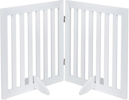 unipaws 24”H Free Standing Pet Gate for Dog Cat, Wooden Dog Gates for Doorway, Stairs, Step Over Foldable Pet Fence for The House, Expandable Doggy Barrier, Indoor Use, White