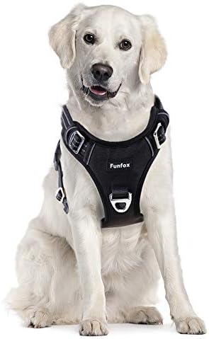 Funfox Dog Harness for Large Dog No Pull, Adjustable Pet Vest Harness, Vertical Handle Easy Control with 2 Leash Clips, Reflective Safe Night Walking for Small Medium Large Size, Black, L