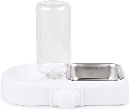 Cage Double Bowls, Crate Hanging, Dog Cat Bowl with Automatic Water Dispenser Bottle, Water and Food Bowl Set with Detachable Stainless Steel Bowl, Bird Pet Dog Cat Food Water Feeder (White)