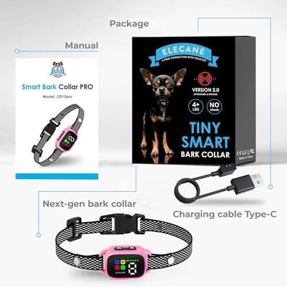 Tiny Bark Collar for Small Dogs 5-15 lbs and Puppies - No Shock Anti Barking Collar - Rechargeable Smart Collar for Dog Training with 7 Sensitivity Levels and 3 Beep&Vibration Modes (Pink)