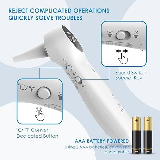 Pet Ear Thermometer for Dogs, Cats, and Livestock, Long Probe Designed, ℃/ ℉ Convert and Sound Switch Dedicated Button, 1 Second Measurement, 20 pcs Pet Swabs Included(White)