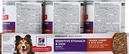Hill's Science Diet Sensitive Stomach & Skin,Adult 1-6,Stomach & Skin Sensitivity Support,Wet Dog Food,Turkey-& Rice Stew,12.5 oz Can,(Pack of 24)