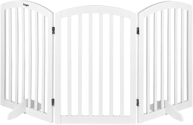 Bonnlo 30'' Tall White Freestanding Dog Gates for Doorways, Trifold Pet Gate Step Over Foldable Gate, Wooden 3 Panel Pet Gate Christmas Tree Fence with 3 PCS Foot Supporters, Up to 61'' Wide