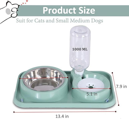 Dog Bowls, Non-Slip Puppy Cat Food and Water Bowl Set with Water Dispenser and Stainless Steel Bowl Detachable Gravity Pet Feeder and Waterer Set for Cats Dogs Puppy Rabbit (Green, 1000ML)