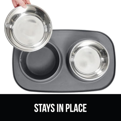 GORILLA GRIP Feeding Mat Bowl Set, 100% Waterproof BPA Free Silicone Base, 304 Stainless Steel Cat and Dog Bowls for Food and Water, Slip Resistant, High Edge, US Designed, Patent Pending, 1 Cup Gray