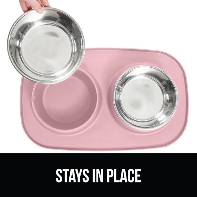 GORILLA GRIP Feeding Mat Bowl Set, 100% Waterproof BPA Free Silicone Base, 304 Stainless Steel Cat and Dog Bowls for Food and Water, Slip Resistant, High Edge, US Designed, Patent Pending, 2 Cup Pink
