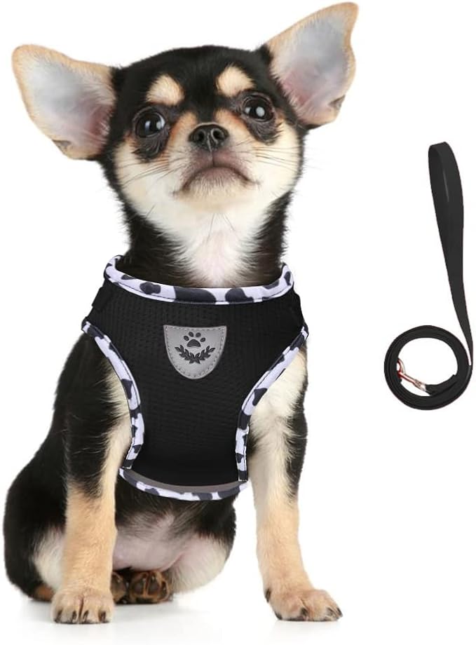 FEimaX Dog Harness and Leash Set for Walking, Soft Mesh Adjustable Easy Control Lightweight Cat Vest Harnesses with Reflective Strips, Escape Proof Small Dogs Cats Vests (Cowblack, Large)