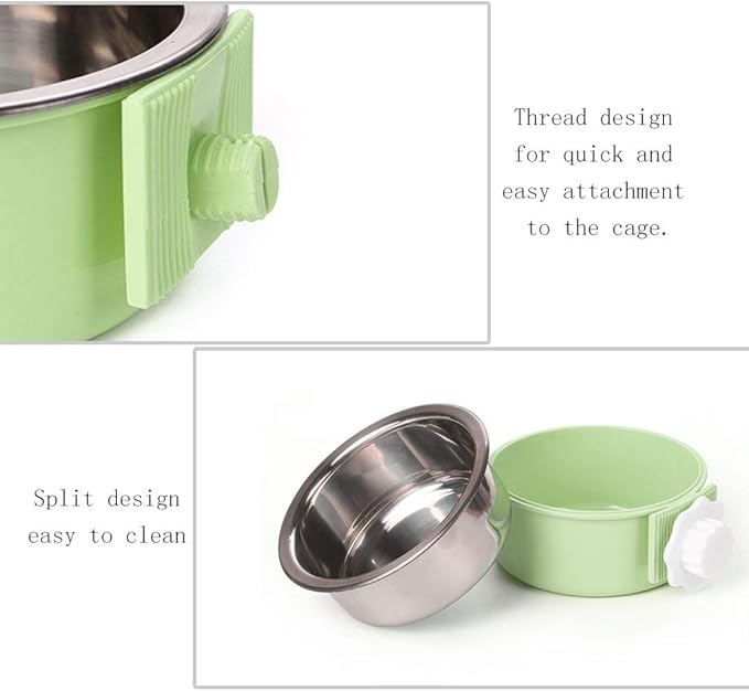 Pet Hanging Bowl 2-in-1 Removable Stainless Steel Food Hanging Bowl for Puppy/Cat, Andiker Pet Bowl Hanging Cage Large Water Food Feeder for Dogs Cats (Small, Green)