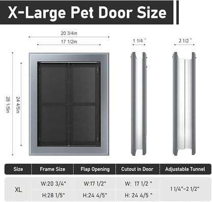 Aluminum French Large Dog Door,Strong Double Magnetic Flaps,with Aluminum Telescoping Tunnel Heavy-Duty Do g Door for X-Large and L arge Dog Up to 200LBS(Gray, X-Large)