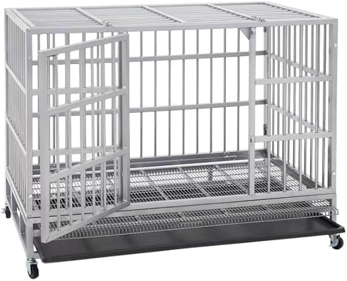 BOLDBONE 38 inch Heavy Duty Indestructible and Escape-Proof Dog Crate Cage Kennel for Large Dogs, High Anxiety Dog Crate with Removable Wire Trays and Wheels, Extra Large XL XXL, Silver
