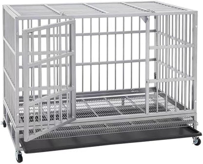 BOLDBONE 38 inch Heavy Duty Indestructible and Escape-Proof Dog Crate Cage Kennel for Large Dogs, High Anxiety Dog Crate with Removable Wire Trays and Wheels, Extra Large XL XXL, Silver