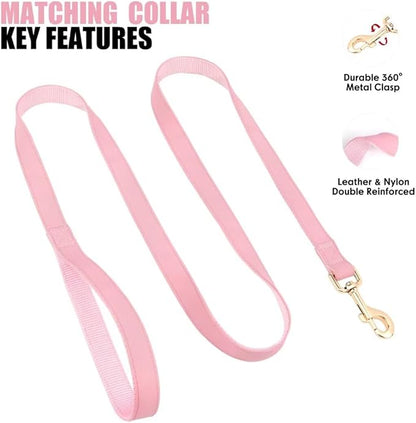 PET ARTIST Soft PU Leather Dog Collar and Leash Set, Bright & Stylish 5FT PU Leather Leash and Collar Set, Durable Pet Collars with Quick Release Metal Buckle for Large Dogs,Pink,L(16-27")