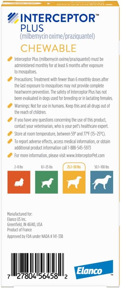 Interceptor Plus Prevention for Heartworm + 4 Other Worms for Dogs 25.1-50 lbs. | 1 Chew, 1-Month Supply