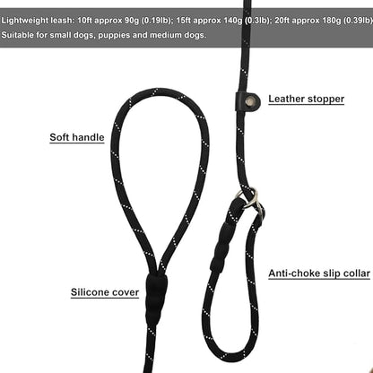 BTINESFUL 10FT / 15FT / 20FT Slip Lead Dog Leash, Reflective 1/3” Rope Leash Long Training Lead for Small Medium Dogs