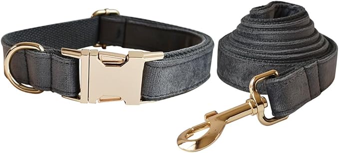 Love Dream Velvet Dog Collar and Leash Set, Soft & Comfy Adjustable Dog Leash and Collar with Heavy Duty Metal Buckle for Small Medium Large Dogs Training & Walking (Medium, Dark Grey)